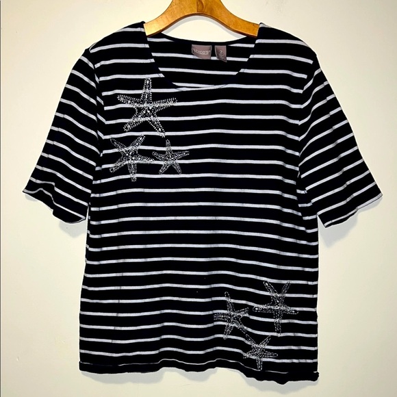Women’s Chico’s size 2 nautical Starfish sparkle graphic striped tee shirt top L - Picture 1 of 5